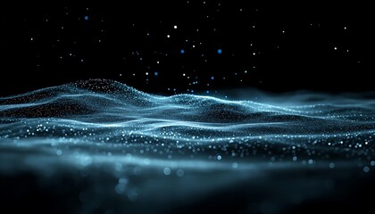 Poster - Abstract blue waves of light and particles on black background