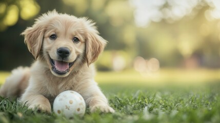 Poster - Joyful puppy plays with a ball in a lush green park during a sunny day, capturing energy and happiness in nature
