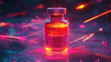Poster - Vibrant Glass Vial with Glowing Liquid and Colorful Light Trails on Dark Background for Science and Technology Concepts