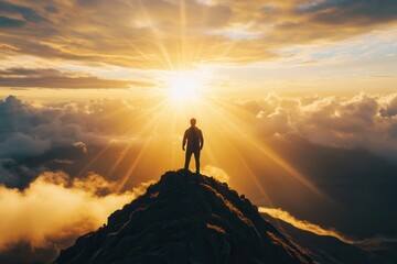 Poster - Silhouette of a person triumphantly celebrating on a mountain peak under golden sunlight breaking through clouds at sunset