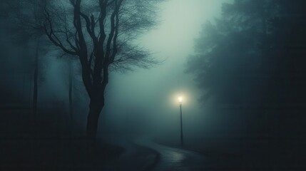 Poster - Dark and eerie forest path illuminated by a distant street lamp amidst fog and twisted trees at twilight