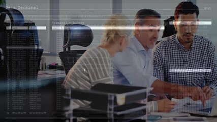 Poster - Collaborating in office, business team using animation for data terminal interface
