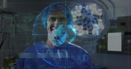Poster - In operating room, surgeon interacting with digital brain animation, focused on task