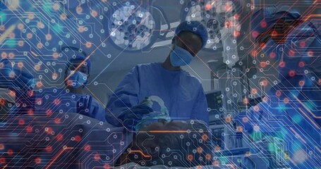 Poster - In hospital, surgeons operating with animation of digital circuit overlay, symbolizing tech