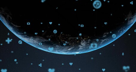 Poster - In school, animation of Earth from space with digital icons floating