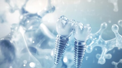 Poster - Floating molecular structures and titanium dental implants showcase advancements in dental technology and science