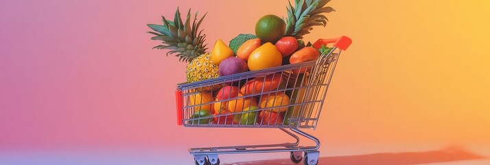 Aufkleber - Modern shopping cart filled with vibrant fresh fruits and vegetables against a soft, minimalistic background