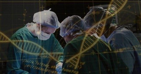 Poster - Surgeons performing operation with DNA strand and data processing animation overlay