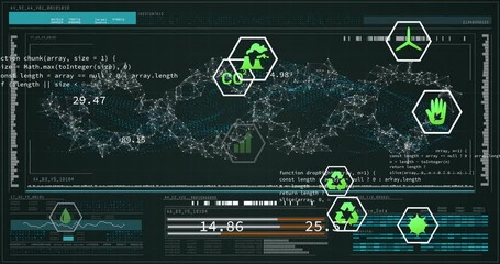 Poster - Animation of digital interface with sustainability icons and environmental data in network