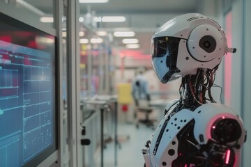 Fototapete - Robot in high-tech laboratory monitors computer screens while engaged in advanced research activity