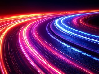 Poster - abstract glowing neon light trails curve along a dark road