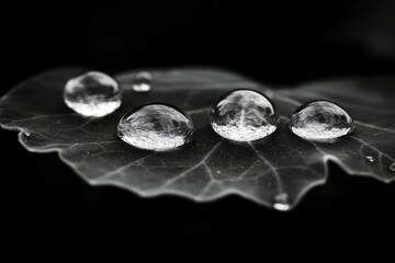 Poster - water droplets on leaf close-up in black and white photography