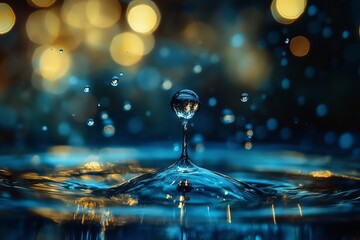 Poster - Stunning Blue Water Drop Impact Abstract Background Teal Golden Lights Macro Photography Splashing Liquid Dynamic Energy Vibrant Colors Nature Theme  