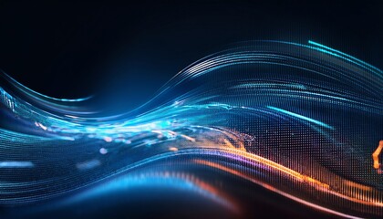 Poster - A vibrant wave of digital light and data flows smoothly across a dark background, creating an abstract and futuristic visual effect.