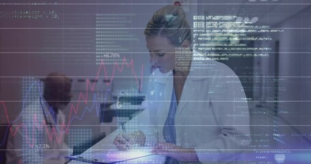 Poster - Analyzing data with graphs and coding, scientist focusing on animation overlay