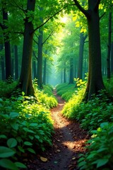 Wall Mural - Forest trail meandering through dense foliage, verdant, sunlight