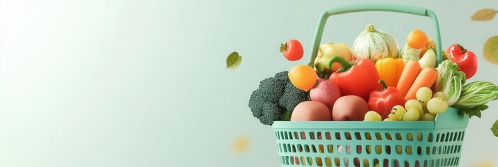 Aufkleber - Fresh fruits and vegetables in a green shopping basket over a soft pastel backdrop, showcasing a minimalistic and vibrant design