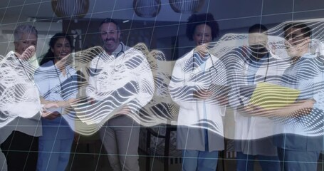 Poster - Smiling medical professionals with abstract wave animation overlay in hospital setting