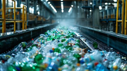 Aufkleber - A conveyor belt filled with a mixture of colorful plastic bottles traveling through a recycling facility, showcasing the separation process in action during daylight hours.