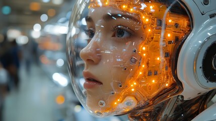 Poster - A close-up view features a humanoid robot with an illuminated, intricate helmet showcasing advanced circuitry. This display highlights advances in quantum algorithms for AI optimization.