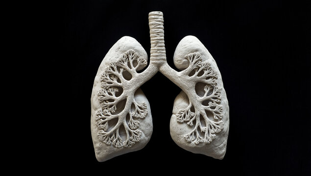 Realistic photograph of lungs made from clay, solid black background