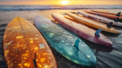 Aufkleber - Several vibrant surfboards are arranged along the wet sand at the beach, illuminated by the golden hues of a stunning sunset, creating a picturesque coastal scene.