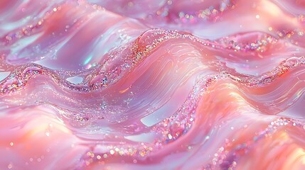 Wall Mural - Abstract close up view of shiny pink iridescent fluid waves
