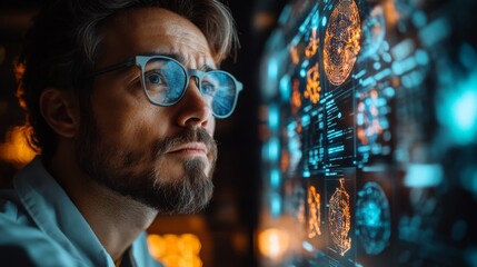 Aufkleber - A researcher studies complex quantum phenomena on a digital display, focusing on qubits and their unique behaviors such as superposition and entanglement. The atmosphere is innovative and high-tech.
