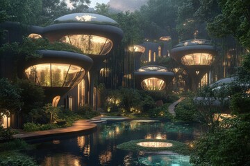 Poster - Modern architecture blends with nature in a vibrant forest setting featuring circular structures surrounded by lush greenery and colorful flowers