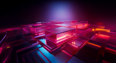 Aufkleber - vibrant illuminated glass blocks form an abstract futuristic structure against a dark backdrop, show