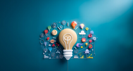 Poster - Bright light bulb at center shines, surrounded by colorful icons against a blue backdrop, representing technology and innovative concepts.