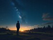 © you are doing great! - Silhouette of a lone man standing on a hilltop at night, gazing at the Milky Way and starry sky, surrounded by nature, creating a peaceful and inspiring cosmic landscape scene
