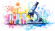 © city of pictures - Science Equipment: A detailed illustration of science equipment with an artistic style. Showcasing a microscope and tubes against a colorful background