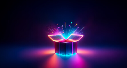 Poster - a glowing neon box emits vibrant light rays, creating a magical and futuristic atmosphere with brigh