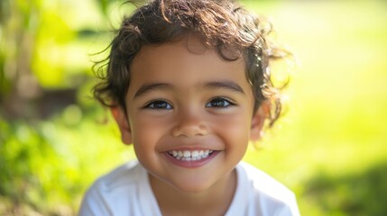 Poster - Smiling child enjoying a sunny day in the park with green grass in the background