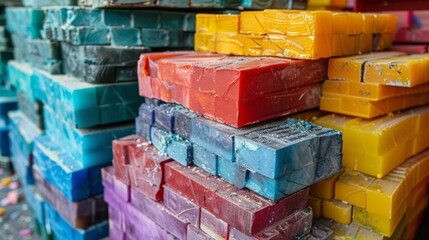 Poster - Colorful blocks of handmade soap are stacked neatly in a craft market. Each block exhibits unique hues, attracting visitors interested in artisanal products during a warm afternoon.