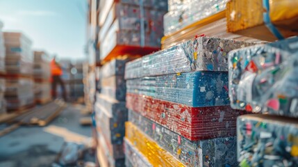 Aufkleber - Brightly colored plastic sheets are neatly stacked at a recycling facility under clear sky. Workers can be seen organizing and sorting materials that are ready for processing.