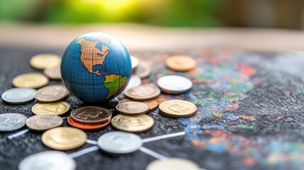 Poster - An economic prosperity theme showing a globe placed on a trade network map, encircled by coins of different values.