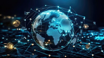 Poster - An economic prosperity theme featuring a globe on a trade connection map, surrounded by wealth symbols.