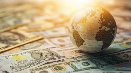 Poster - An international business and trade representation with a stylized Earth globe placed on a foreign currency map.