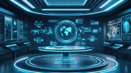 Poster - An ultra-modern D virtual education space with floating interactive icons representing academic fields of study.