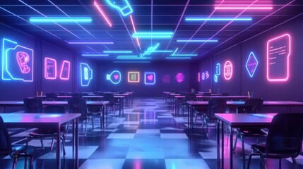 Poster - A high-tech D classroom featuring neon-lit floating icons for STEM subjects, literature, and history, set in a digital environment.
