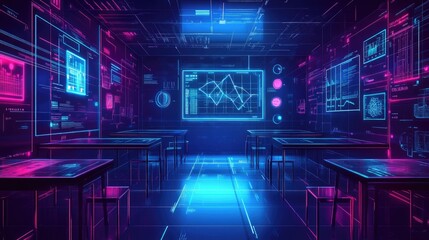 Poster - A high-tech D virtual classroom featuring floating education icons for subjects like physics, chemistry, and mathematics, set against a neon digital backdrop.