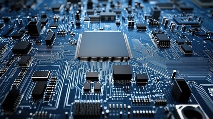 Poster - A high-tech automated circuit board manufacturing facility with robotic soldering stations.