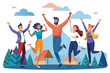 © MDHABIBUR - Happy people group portrait. Friends waving hands, embracing each other vector illustration