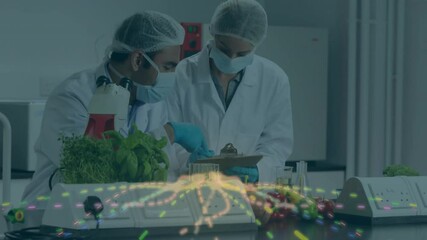 Poster - scientists in lab coats analyzing data with colorful animation overlay