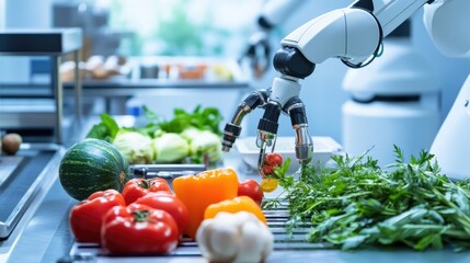 Poster - A high-tech food lab with robotic arms analyzing fresh produce, representing food innovation and biotechnology.