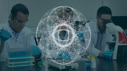 Poster - scientists working in laboratory with geometric data processing animation overlay