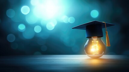 Poster - A modern and minimalist educational symbol featuring a neatly arranged graduation cap and a glowing bulb.
