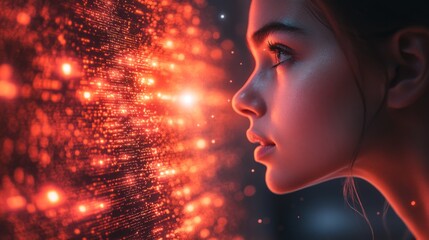 Poster - A young woman intently observes a vibrant display representing quantum concepts like superposition and entanglement, highlighting the intersection of human perception and advanced physics.